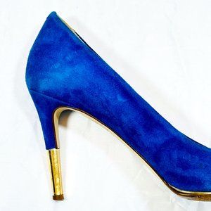 J. Crew Blue Suede Pumps with Gold Chrome trim